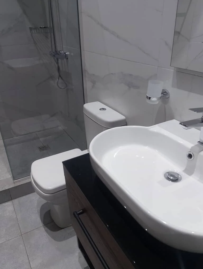 Salle de bain avec douche vitrée